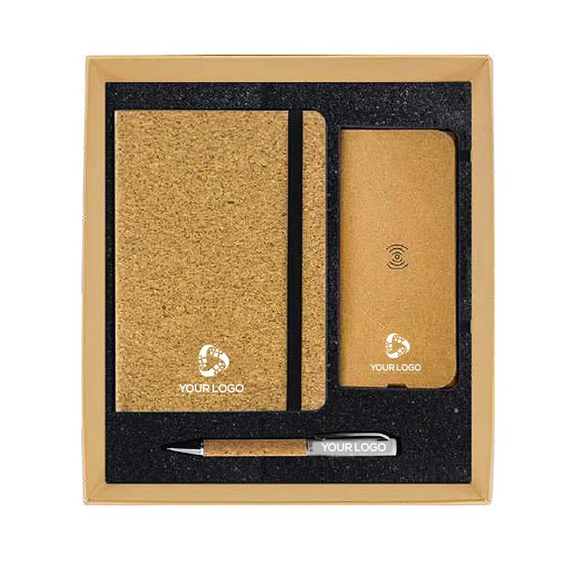 Promotional Gift Sets With Cork Notebook Cork Metal pen, Cork Mouse Pad With Wireless Charging